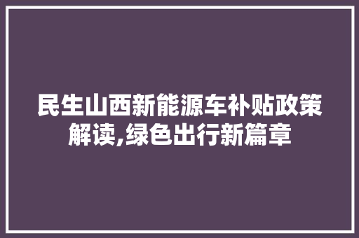 民生山西新能源车补贴政策解读,绿色出行新篇章 车型评测