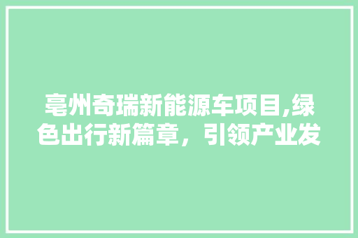 亳州奇瑞新能源车项目,绿色出行新篇章，引领产业发展新方向