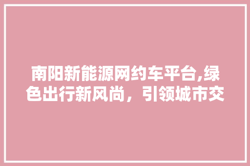 南阳新能源网约车平台,绿色出行新风尚，引领城市交通变革