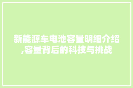 新能源车电池容量明细介绍,容量背后的科技与挑战
