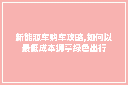 新能源车购车攻略,如何以最低成本拥享绿色出行