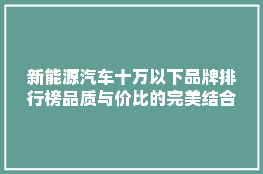 新能源汽车十万以下品牌排行榜品质与价比的完美结合