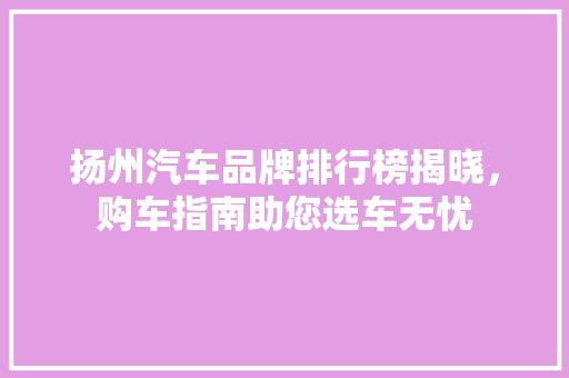 扬州汽车品牌排行榜揭晓，购车指南助您选车无忧